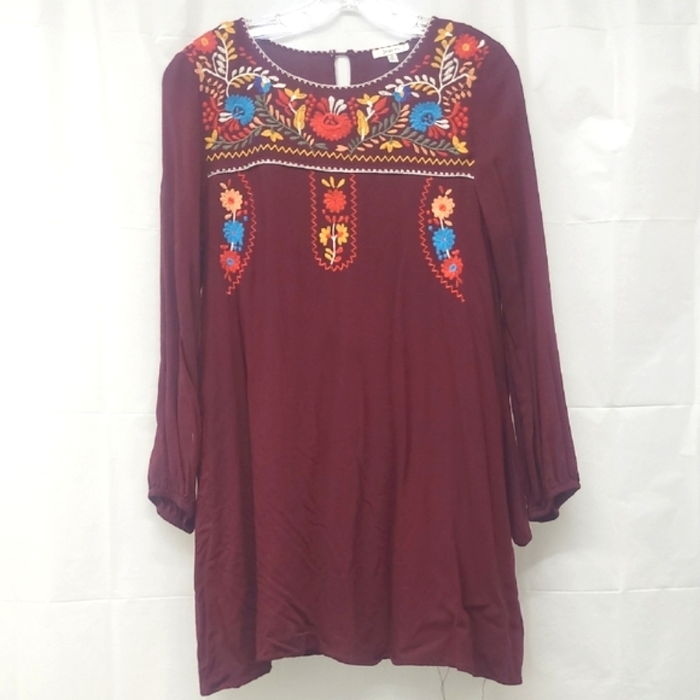 Peasant Bohemian Burgandy Midi House Dress Embroidered Floral Pockets Tunic
